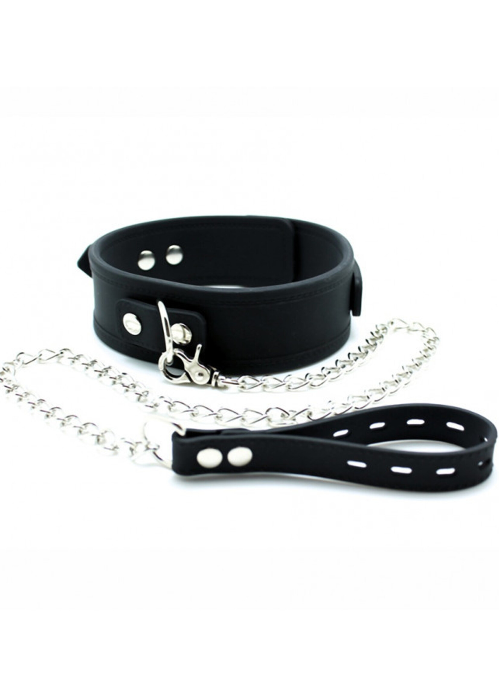Rimba Latex Play Zwarte halsband – 5 cm siliconen halsband met hondenriem