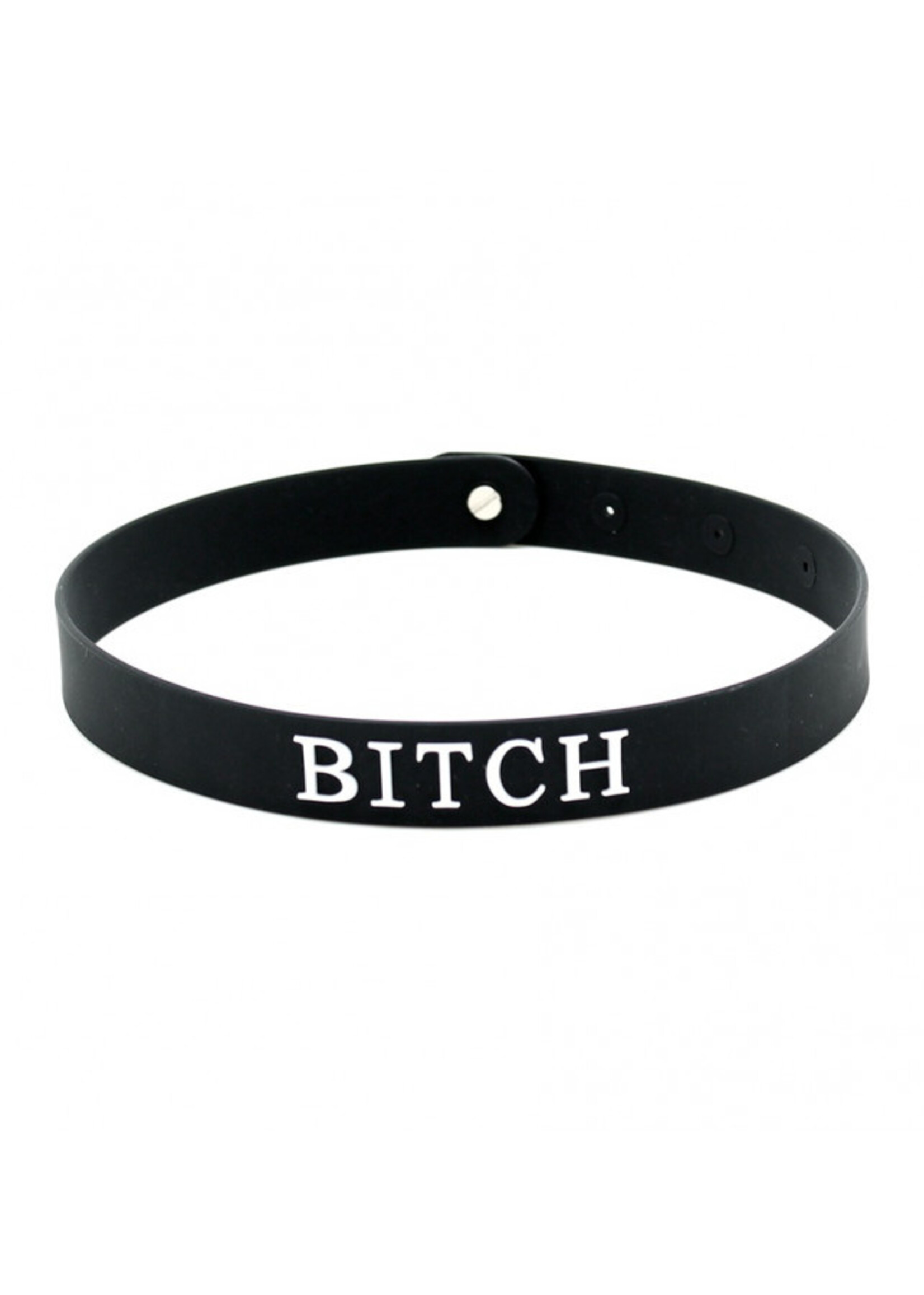 Rimba Latex Play "Bitch"-halsband van zwart siliconen, verstelbaar