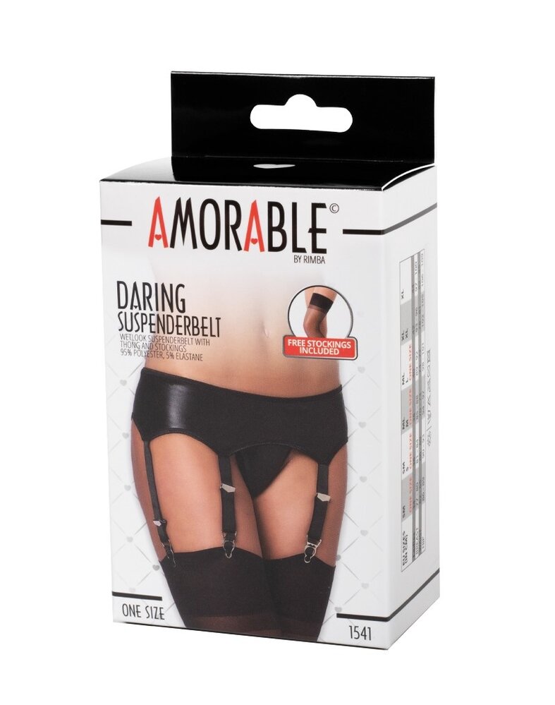 Amorable by Rimba Wetlook Hosenträger mit Slip und Strümpfen - One Size - Schwarz