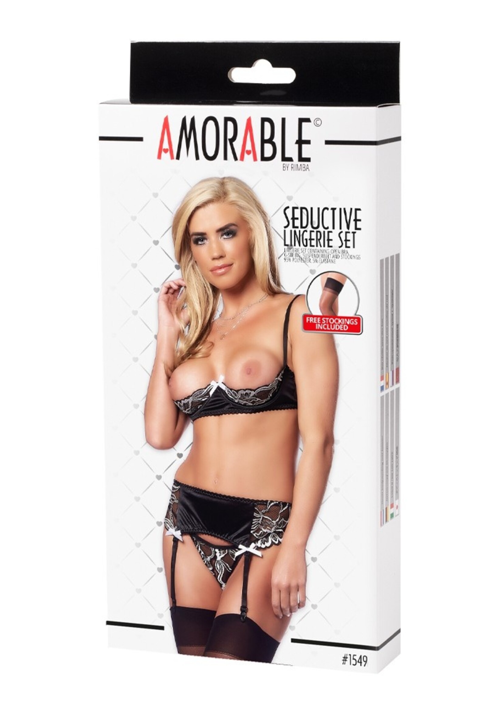 Amorable by Rimba Beha met halve cup, string, jarretelgordel en kousen - Zwart/Wit