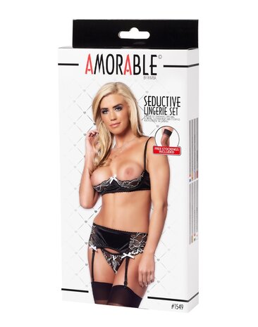 Amorable by Rimba Amorable by Rimba - Open Bra with String, Suspender Belt and Stockings - Black / White Amorable by Rimba Amorable by Rimba - Open Bra with String, Suspender Belt and Stockings - Black / White