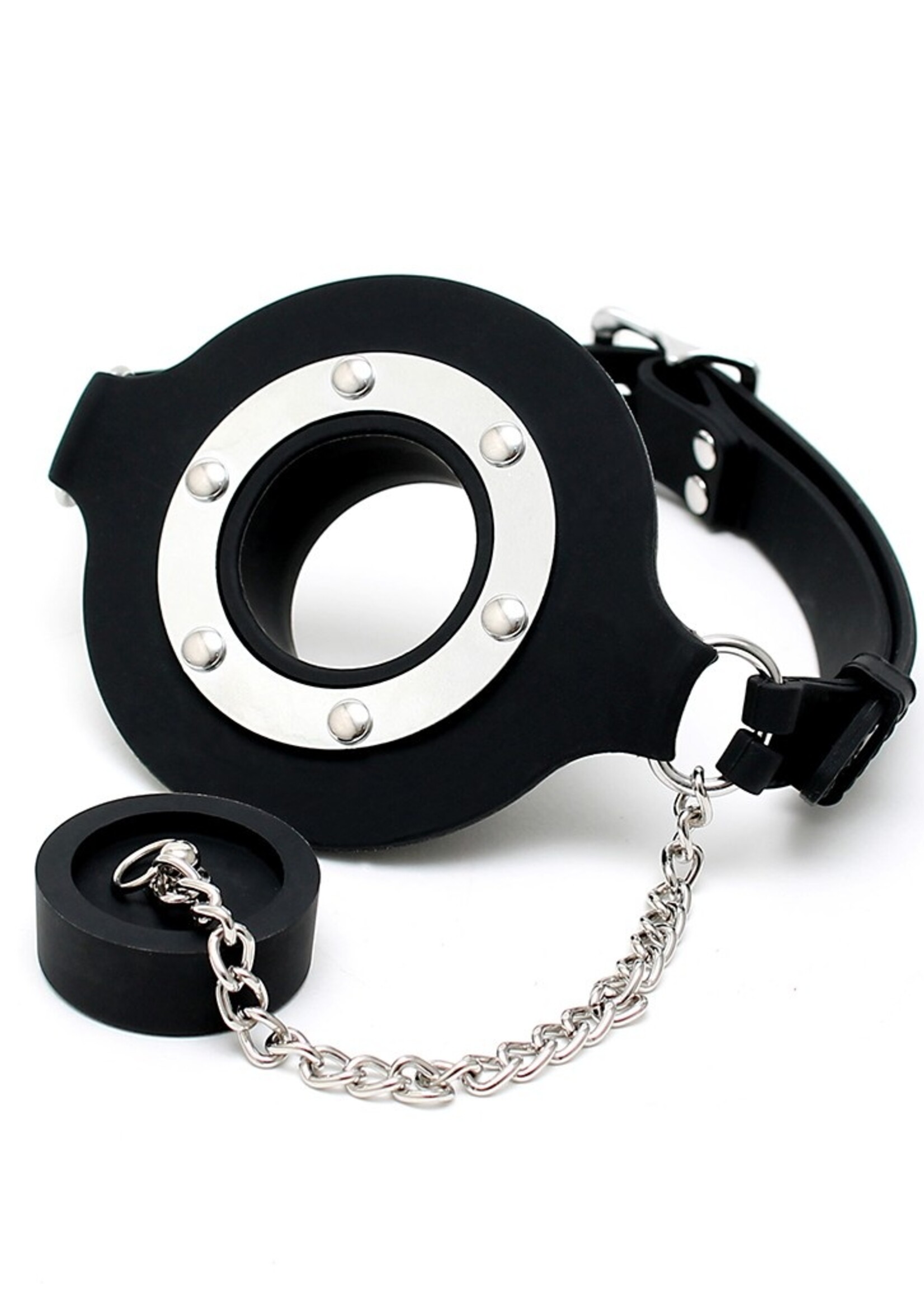 Rimba Latex Play Siliconen mondknevel met stop – Open knevel in zwart