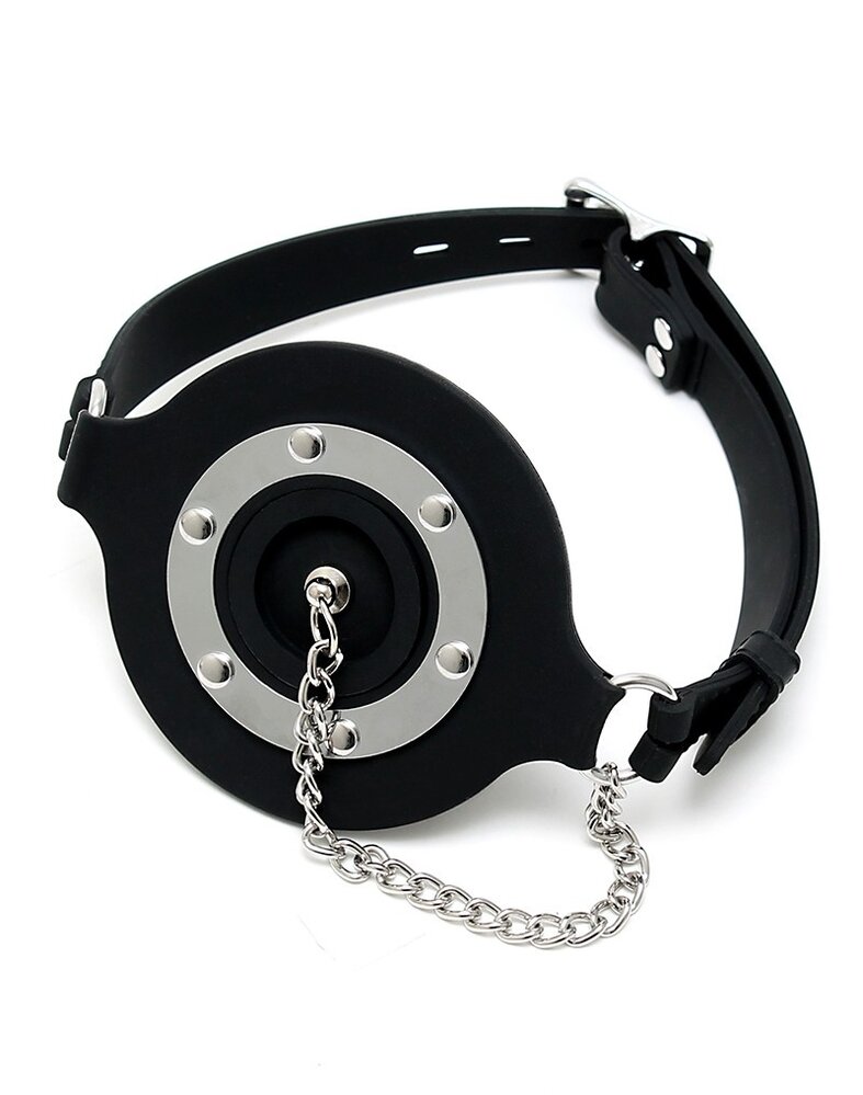 Rimba Latex Play Siliconen mondknevel met stop – Open knevel in zwart