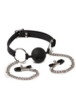 Rimba Latex Play Mondknevel met bal en tepelklemmen - Zwart