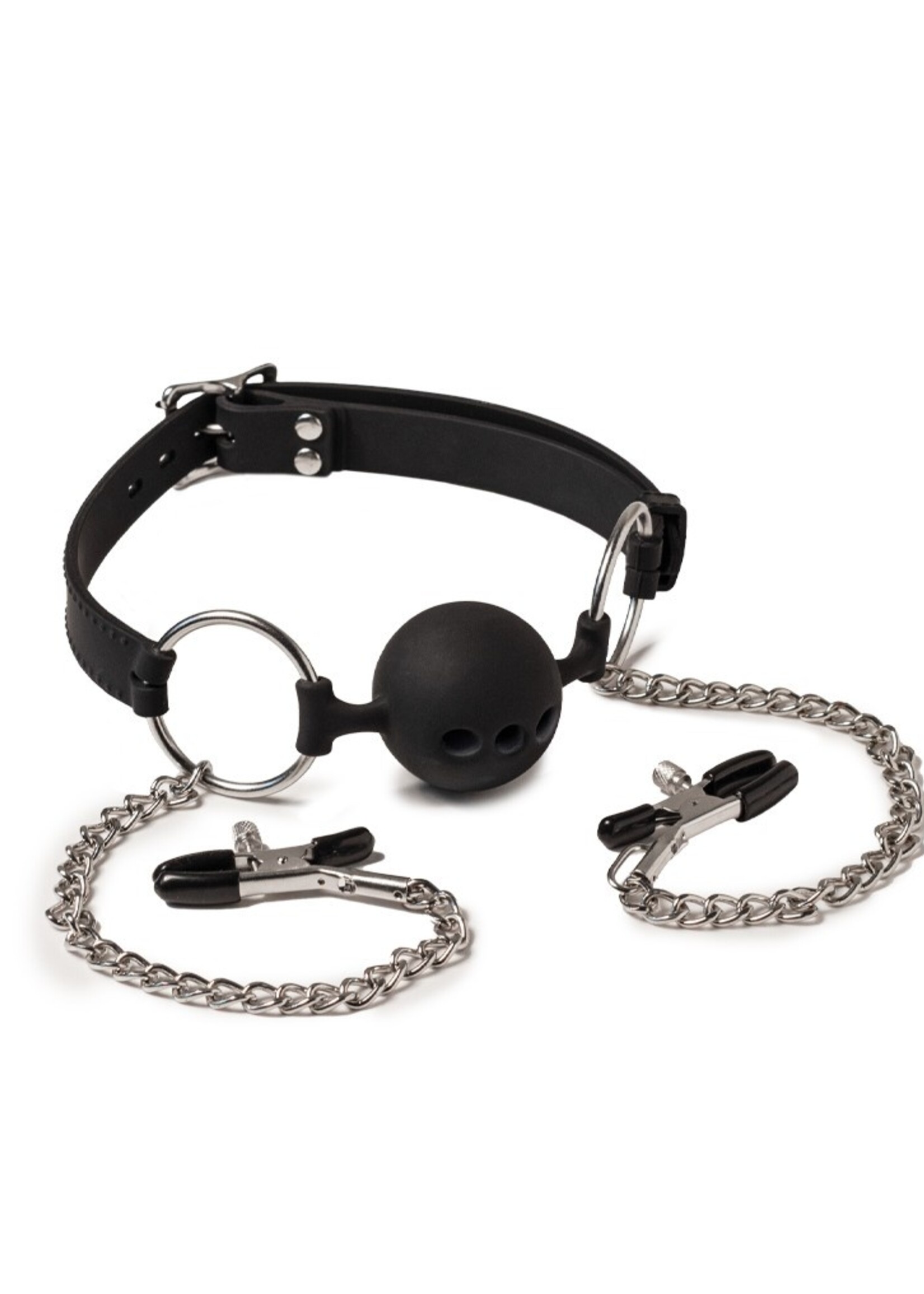 Rimba Latex Play Mondknevel met testikel- en tepelklemmen - Zwart