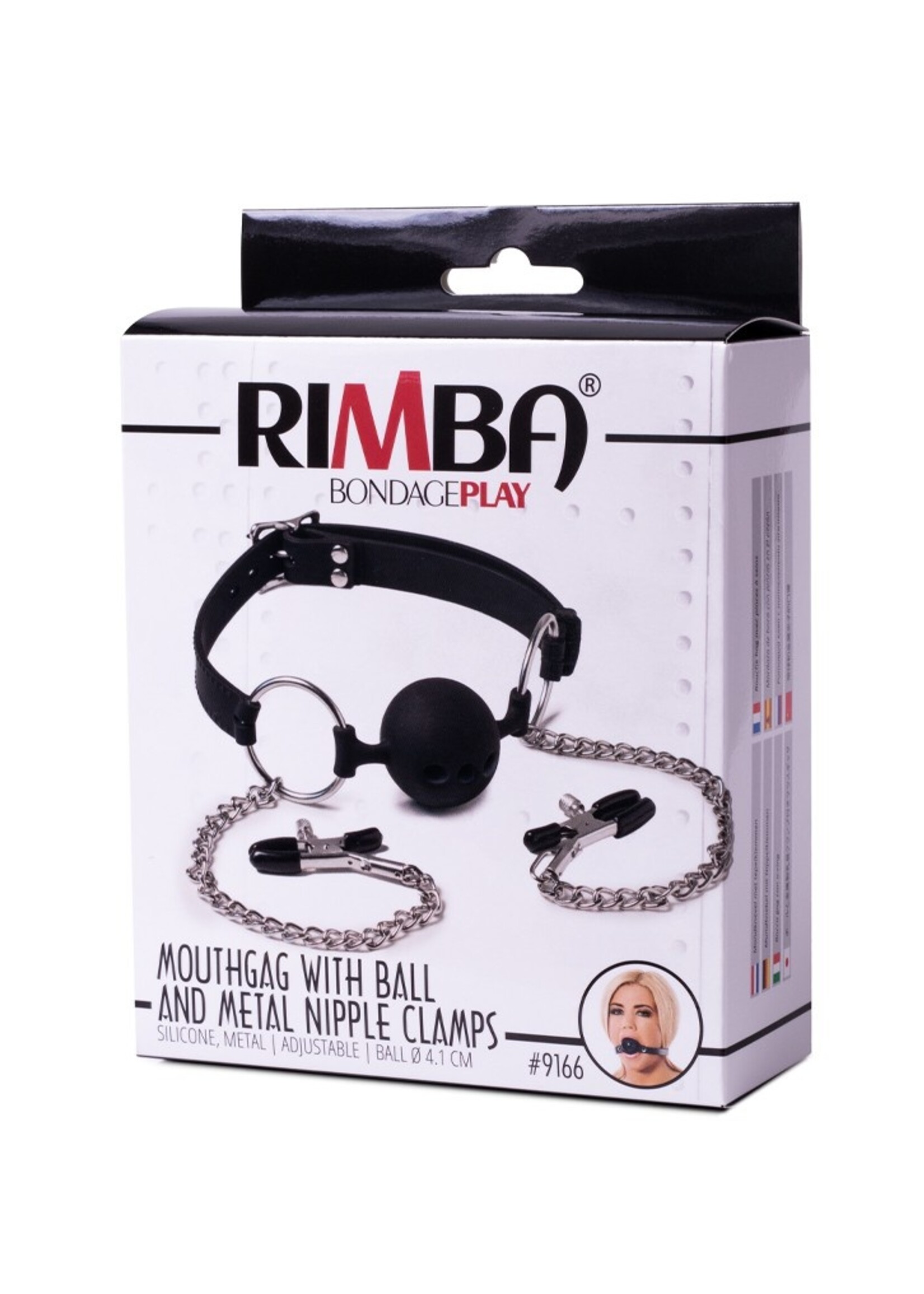 Rimba Latex Play Mundknebel mit Hoden und Nippelklemmen - Schwarz