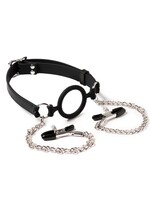 Rimba Latex Play Mondknevel met O-ring en tepelklemmen - Zwart