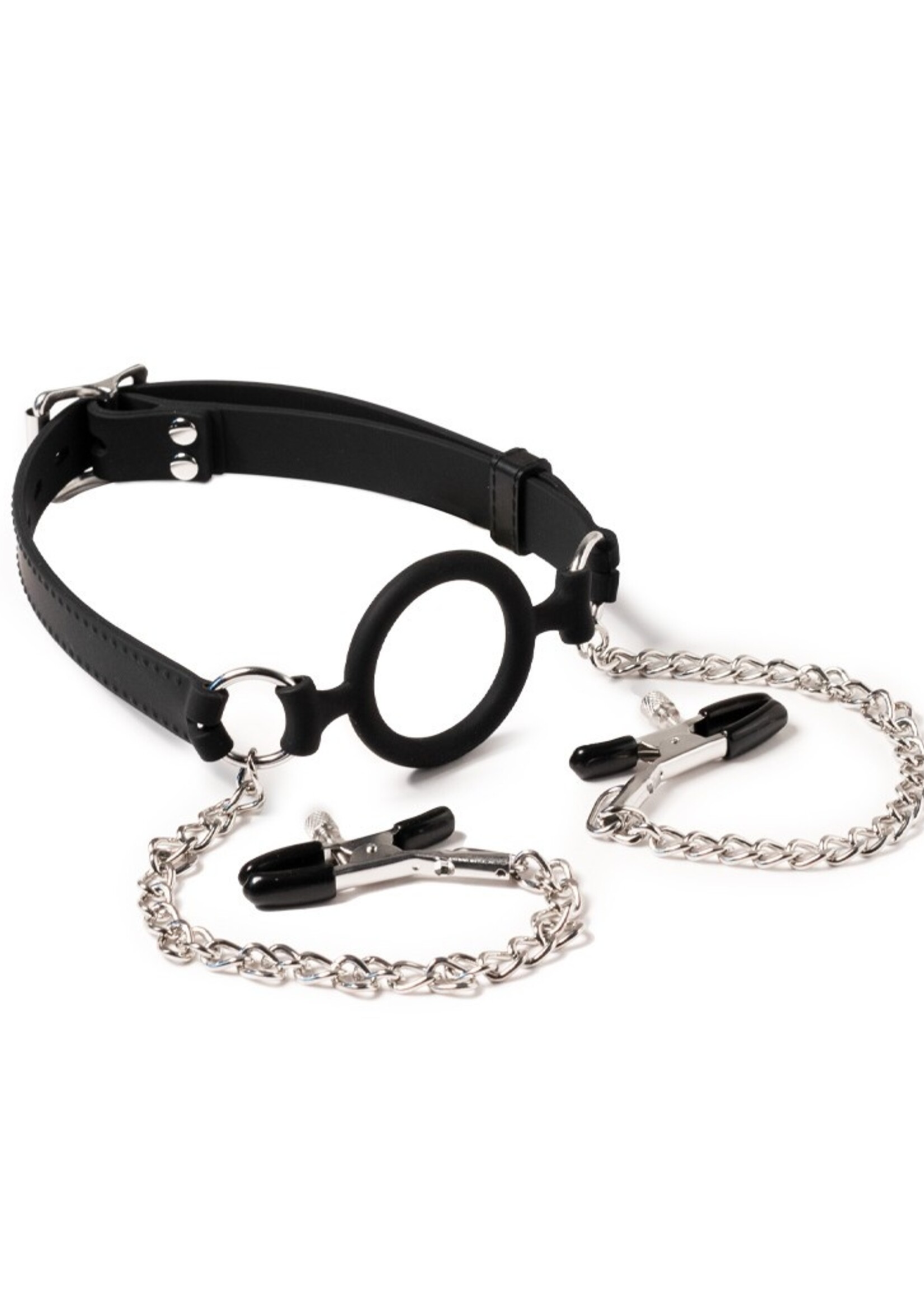 Rimba Latex Play Mundknebel mit O-Ring und Nippelklemmen - Schwarz