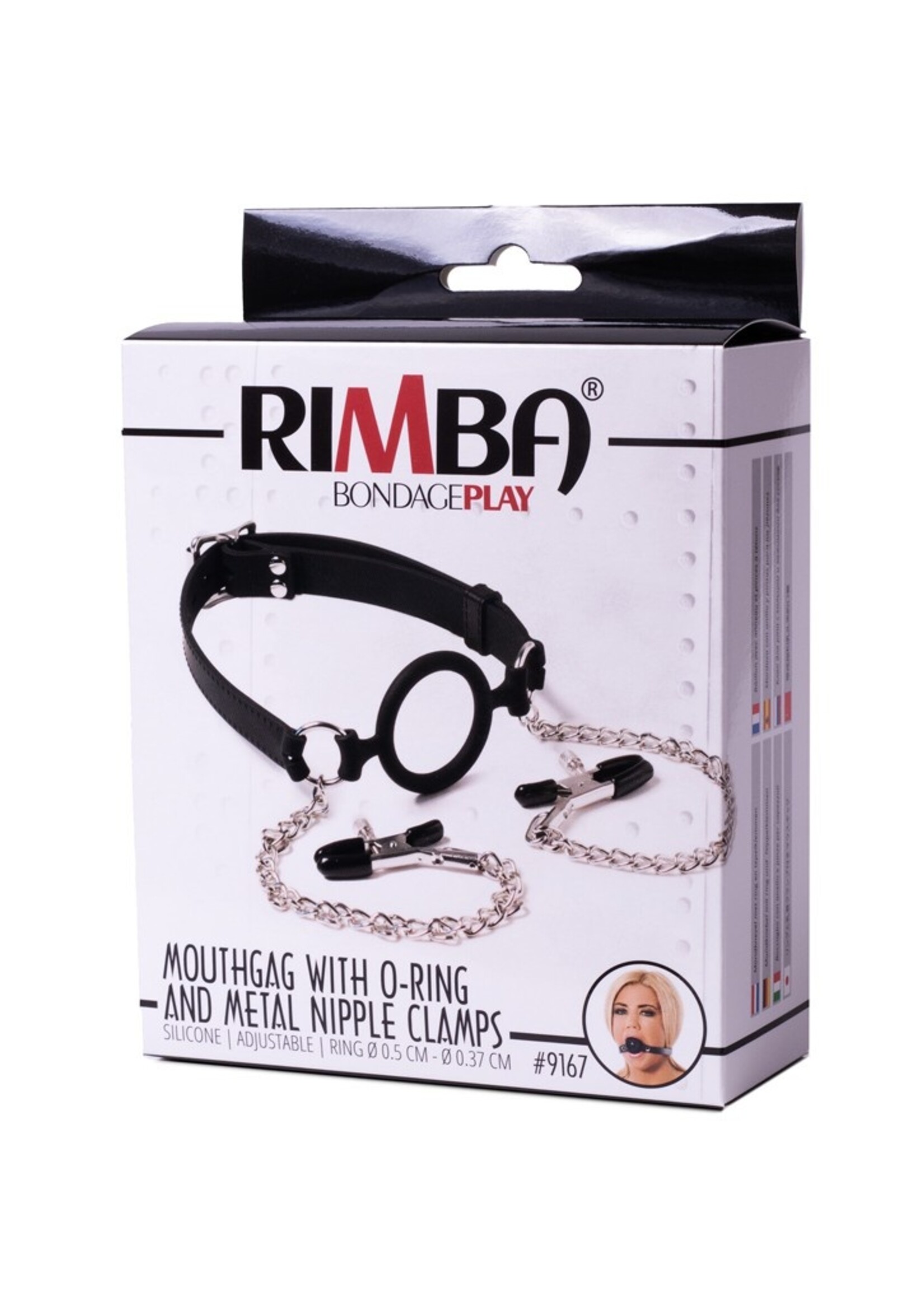 Rimba Latex Play Mondknevel met O-ring en tepelklemmen - Zwart