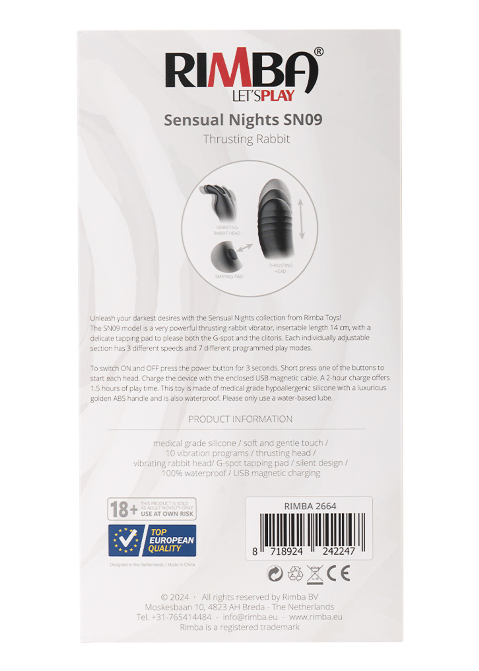 Rimba Toys Sensual Nights SN09 - Thrusting Rabbit Vibrator - Noir