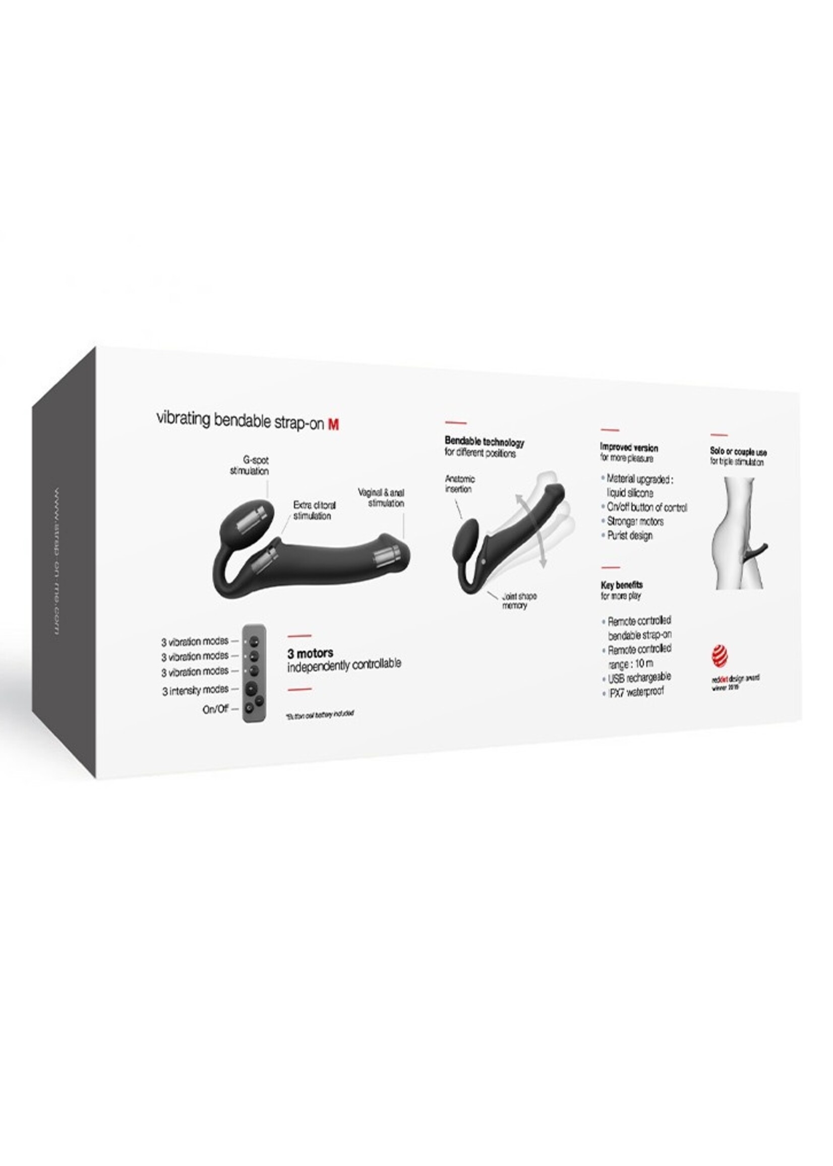 Strap-On-Me Vibromasseur Strap-On Pliable avec Télécommande - Taille M - Ø 3.3 x 18 cm
