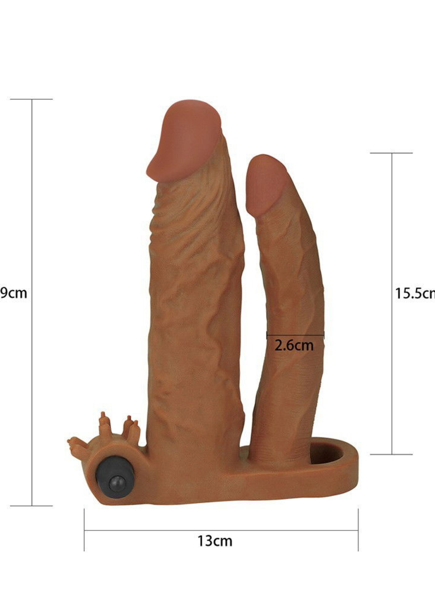 LoveToy Pleasure X Tender Manchon vibrant double pénis + 5 cm - Marron