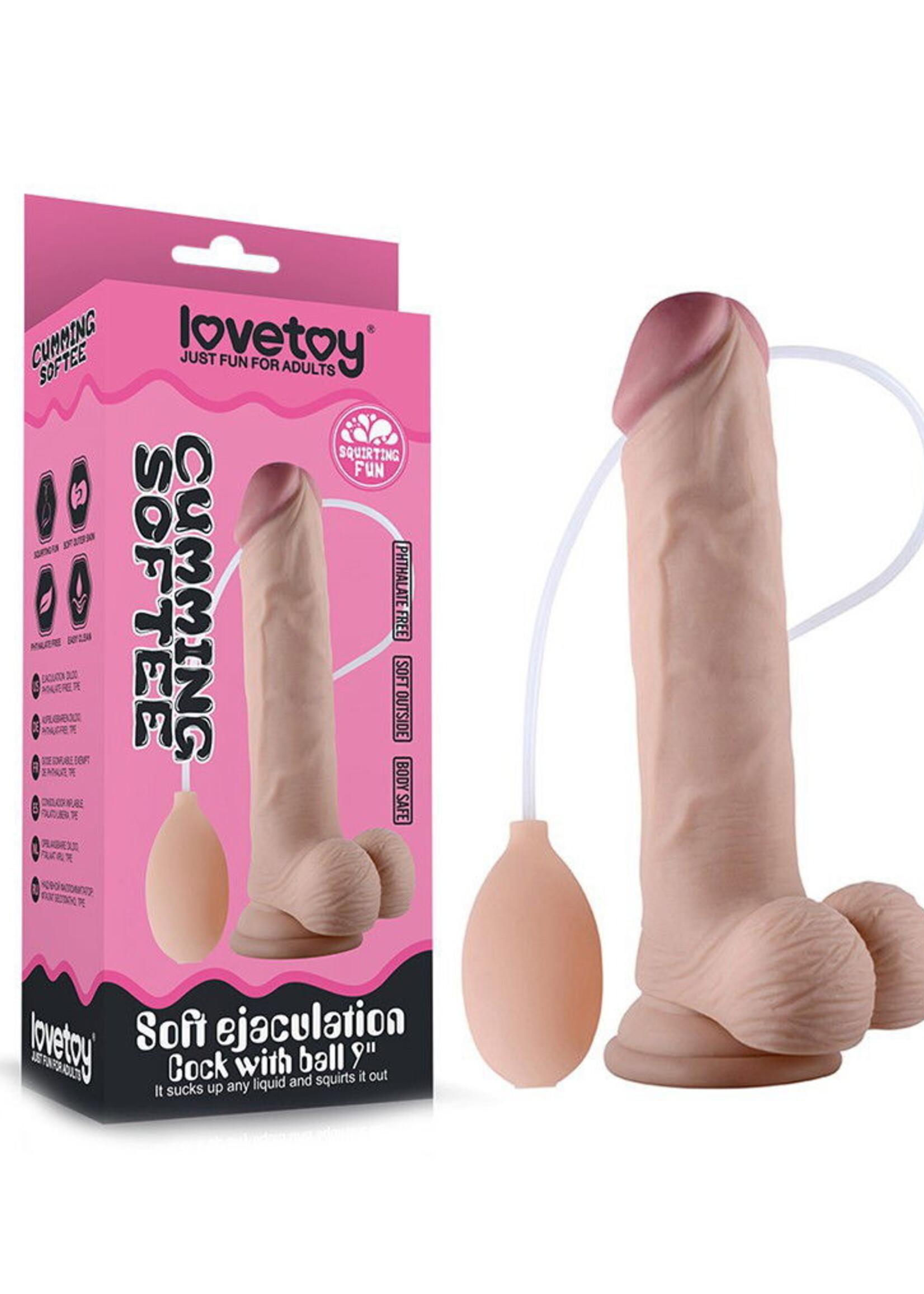 LoveToy Zachte ejaculatie penis met testikels - 23 cm spuitende dildo