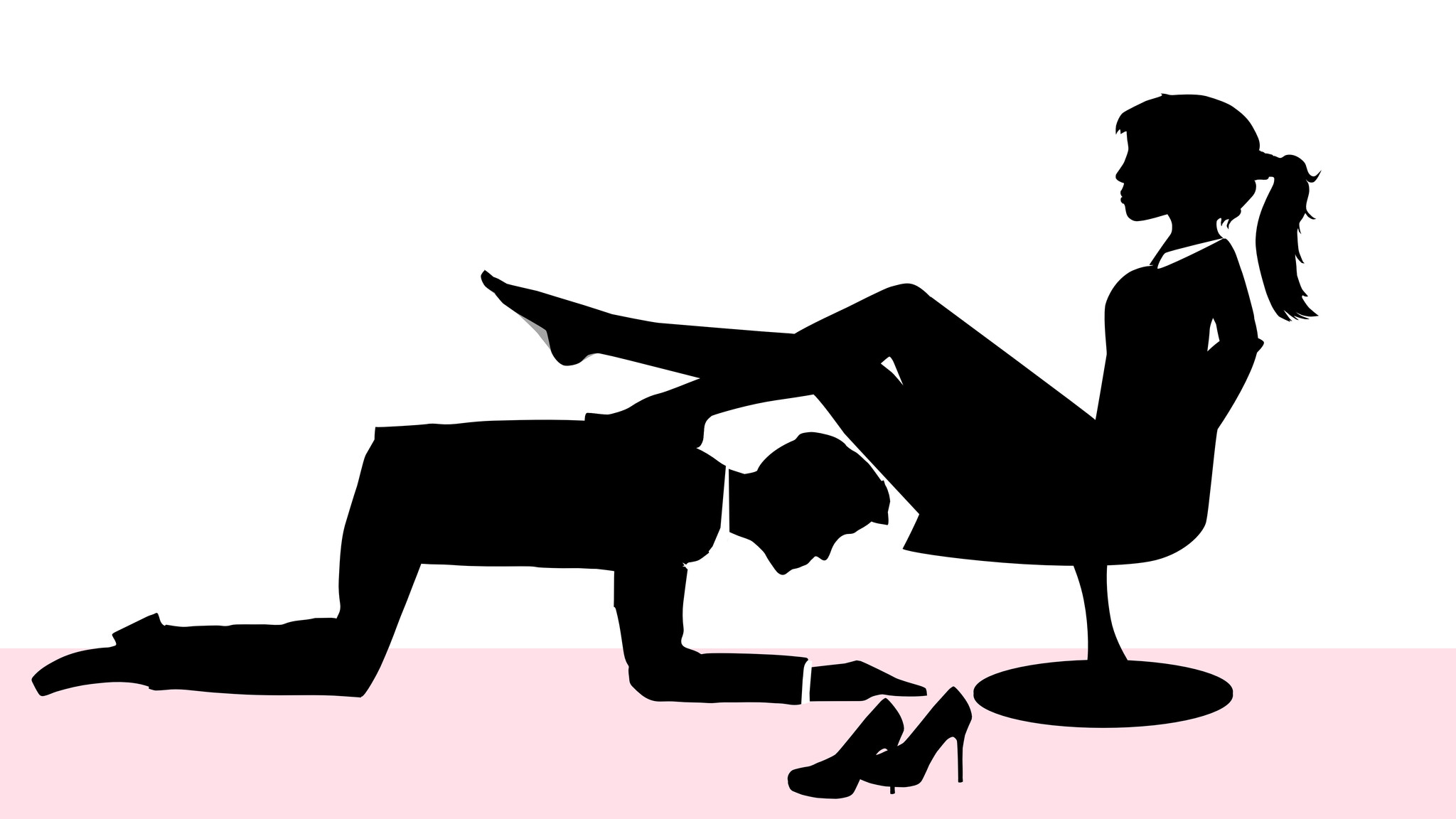 Eine minimalistische Silhouettenillustration einer dominanten Frau auf einem Stuhl mit einem knienden, unterwürfigen Mann, die eine klare Femdom-Machtstruktur darstellt.