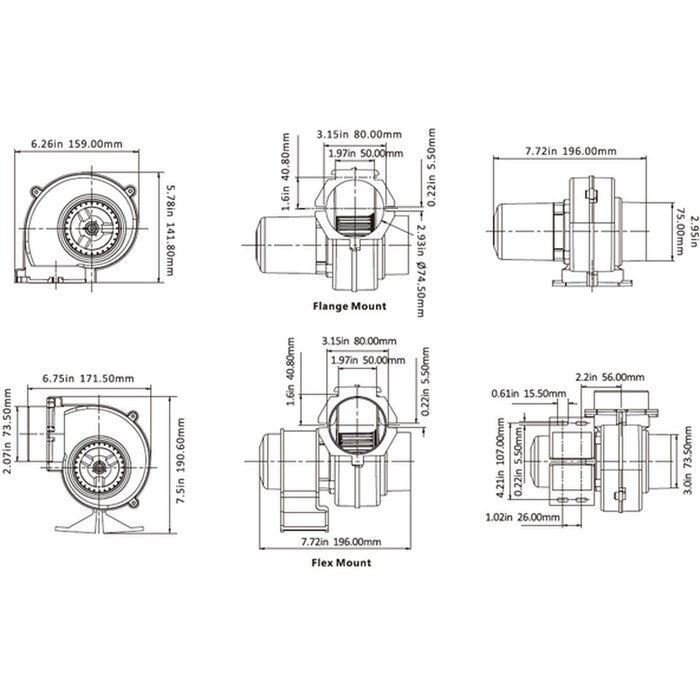 Bilge Blower 130 CFM Flange/Flex Mount 12V