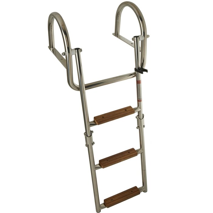 Folding Boat Platform & Dock Ladder 3 Wooden Steps SS316