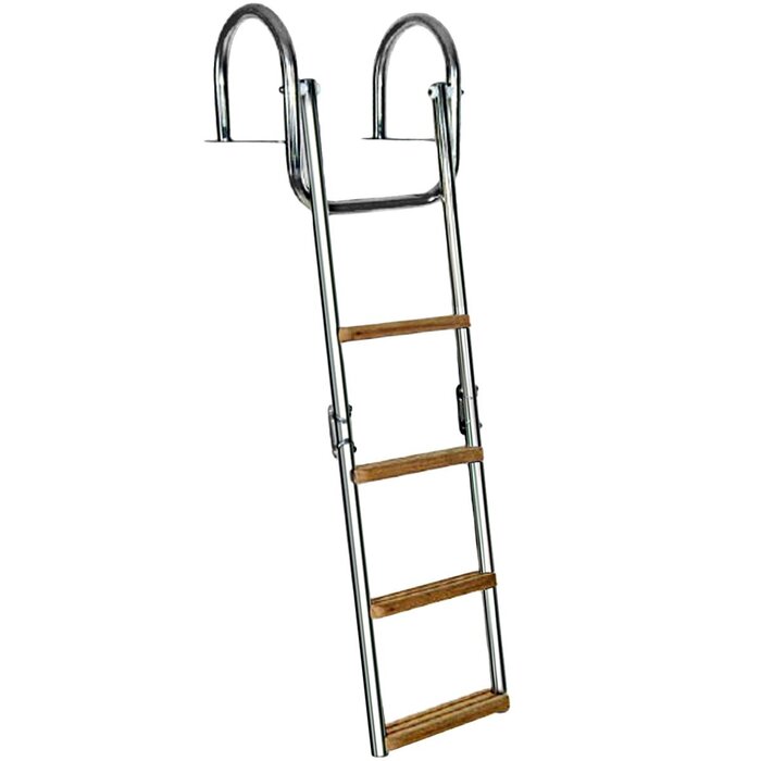 Folding Boat Platform & Dock Ladder 4 Wooden Steps SS316