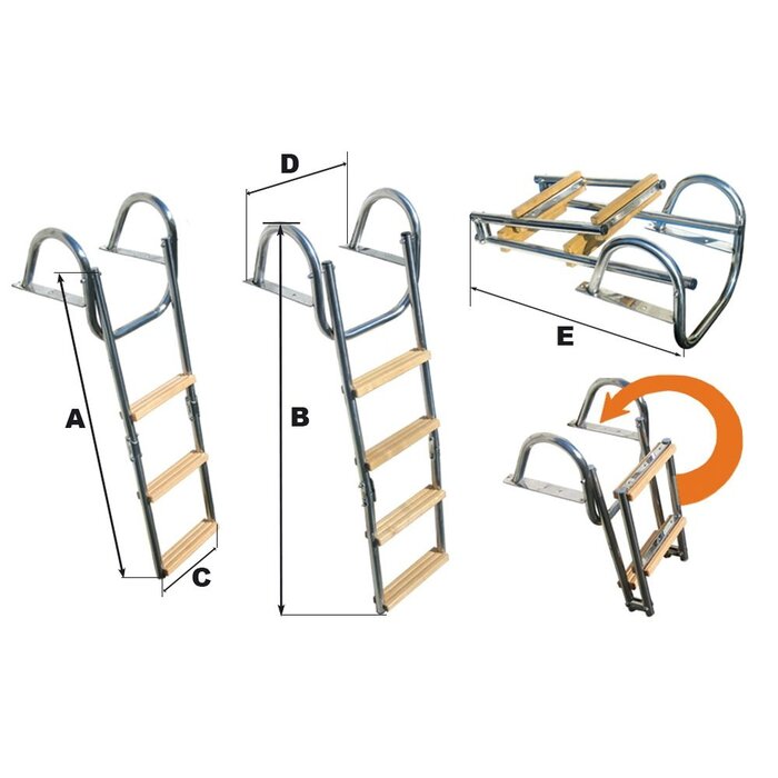 Folding Boat Platform & Dock Ladder 4 Wooden Steps SS316