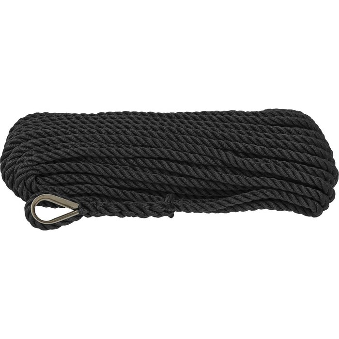 12mm x 30m Ankerlijn met Oog 3-Strengs Polyester Zwart