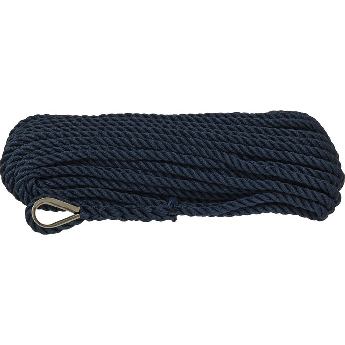 12mm x 40m Anchor Rope with Thimble 3-Strand Polyester Blue