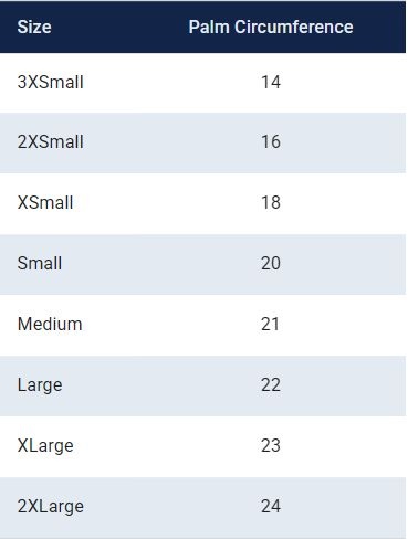 maattabel rooster zeilhandschoenen