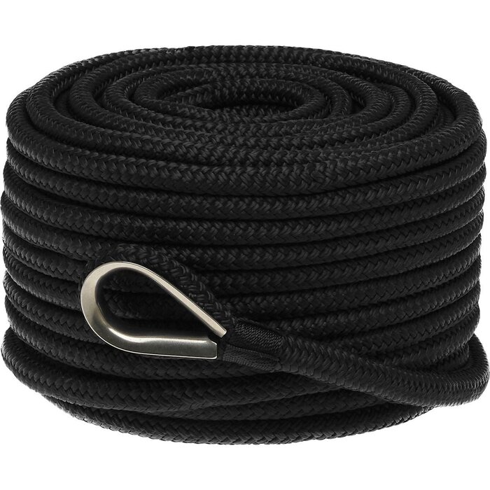 8mm x 30m Anchor Rope with SS316 Thimble Polyester Black