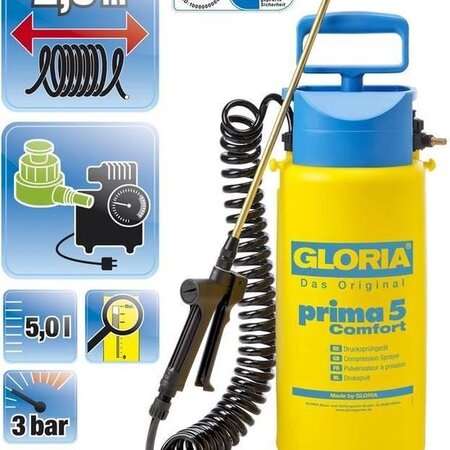 Gloria Prima 5 Comfort 5 lt - With Spiral Hose and Pressure Valve - Graszaadselect.com