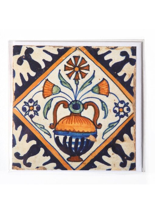 Double carte, tuile bleue de Delft, vase à fleurs