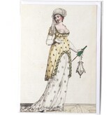 Card, Lady in white-yellow dress with green umbrella