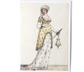 Card, Lady in white-yellow dress with green umbrella