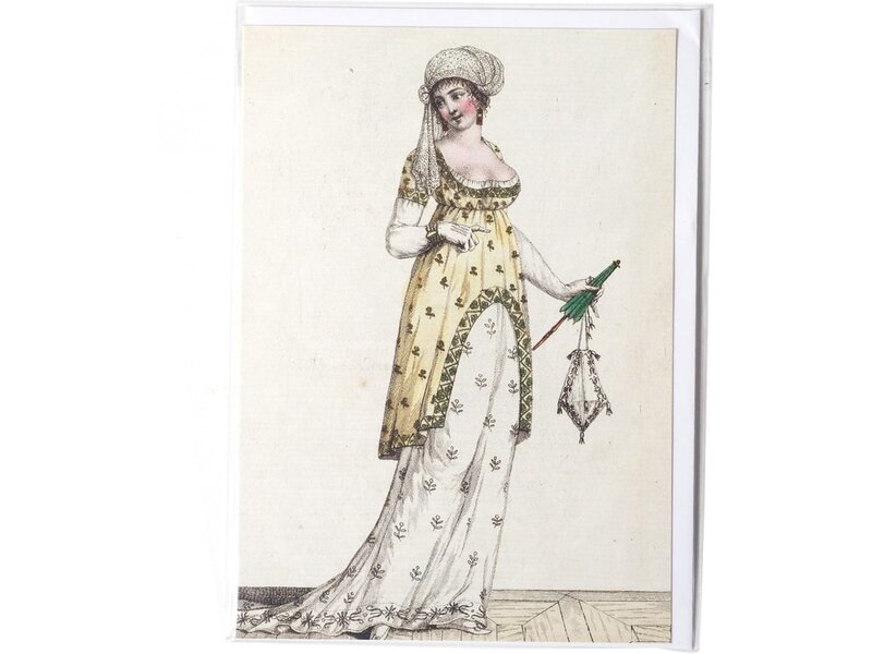 Card, Lady in white-yellow dress with green umbrella