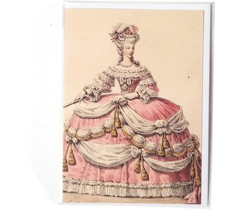 Doppelkarte, Dame in einem rosa und weißen Kleid
