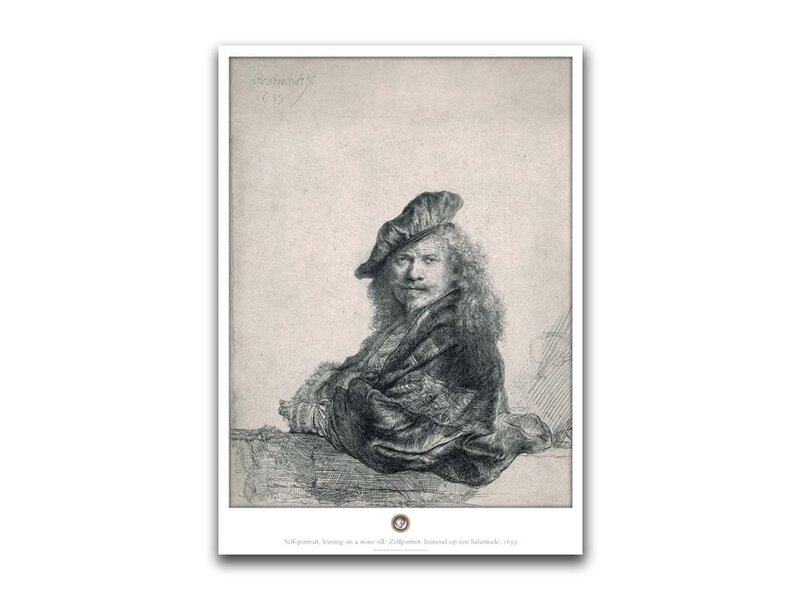 Affiche, 50 x 70 cm, Autoportrait appuyé sur un rebord de pierre, Rembrandt