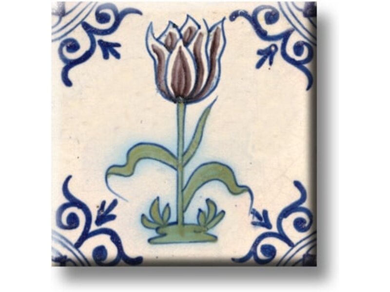 Ijskastmagneet, Delfts blauwe tegel, Aubergine kleurige tulp