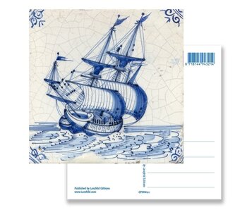Postal, azulejo azul de Delft, buque de las Indias Orientales