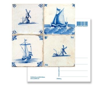 Ansichtkaart, Delfts blauwe tegels Tableau:  molens en schepen