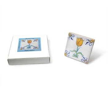 Replica azulejo, Delft azul, tulipán naranja / oro, 10x10cm