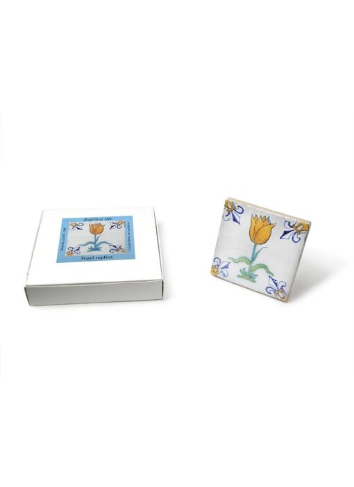 Replica azulejo, Delft azul, tulipán naranja / oro, 10x10cm