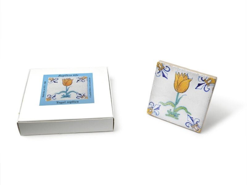 Replica tegel, Delfts blauw, Tulp Oranje/Goud