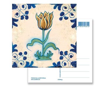 Ansichtkaart, Delfts blauwe tegel Geel,bruine tulp