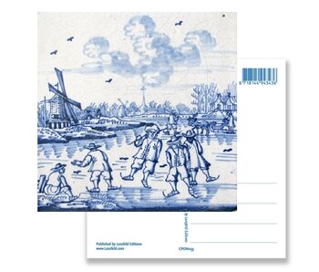 Postal, azulejo azul de Delft Molino de viento y patinadores