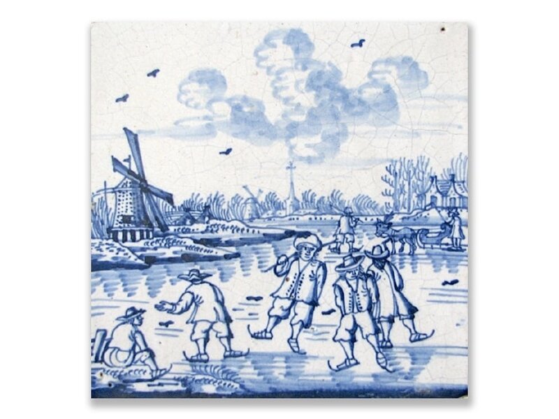Carte postale, moulin à vent de Delft bleu et patineurs