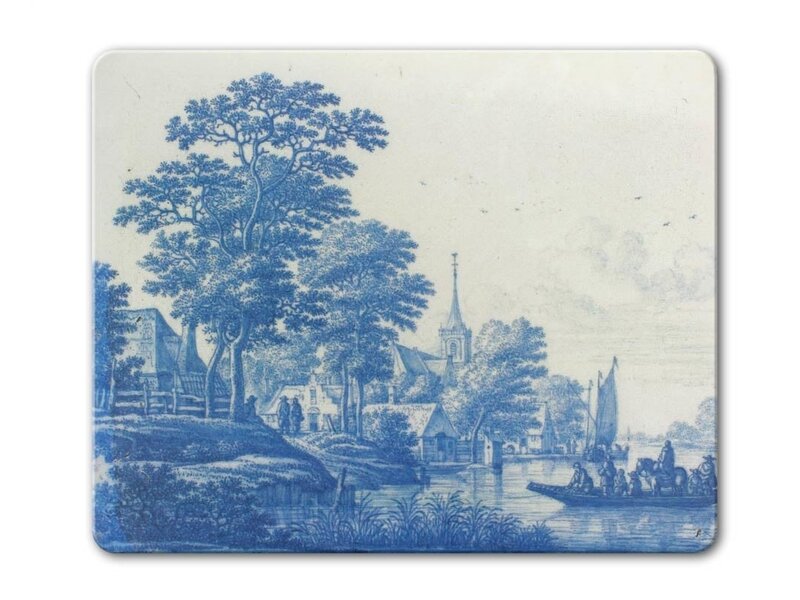 Mauspad, niederländische Flussszene, Delfter blaue Fliese, um 1670-1690