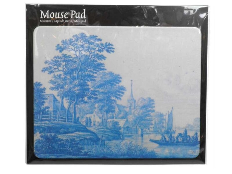 Mauspad, niederländische Flussszene, Delfter blaue Fliese, um 1670-1690