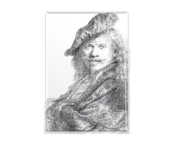 Imán de nevera, autorretrato apoyado en un alféizar de piedra, Rembrandt