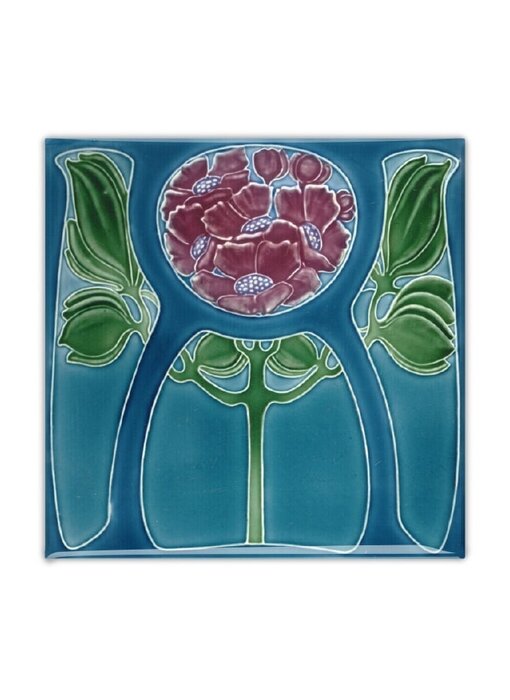 Imán de nevera, Azulejo Art Nouveau, Flor en azul, 1905