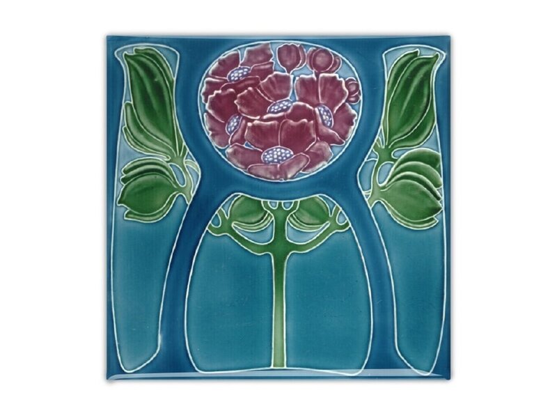 Koelkastmagneet, Art Nouveau Tegel, Bloem in Blauw, 1905