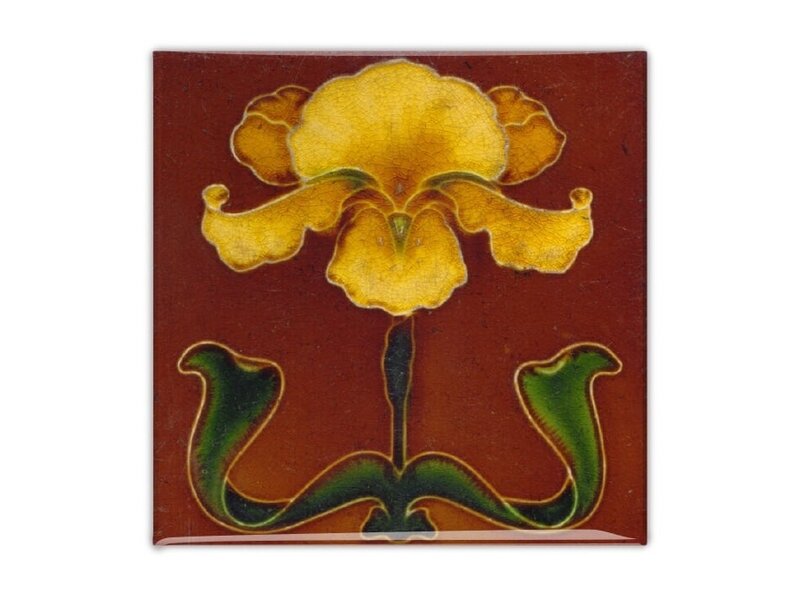 Fridge Magnet, Art Nouveau Tile, Yellow Flower on Brown