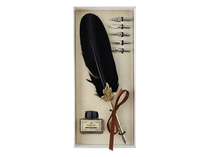 Caja de caligrafía, pluma y tintero, plumín negro, caja blanca