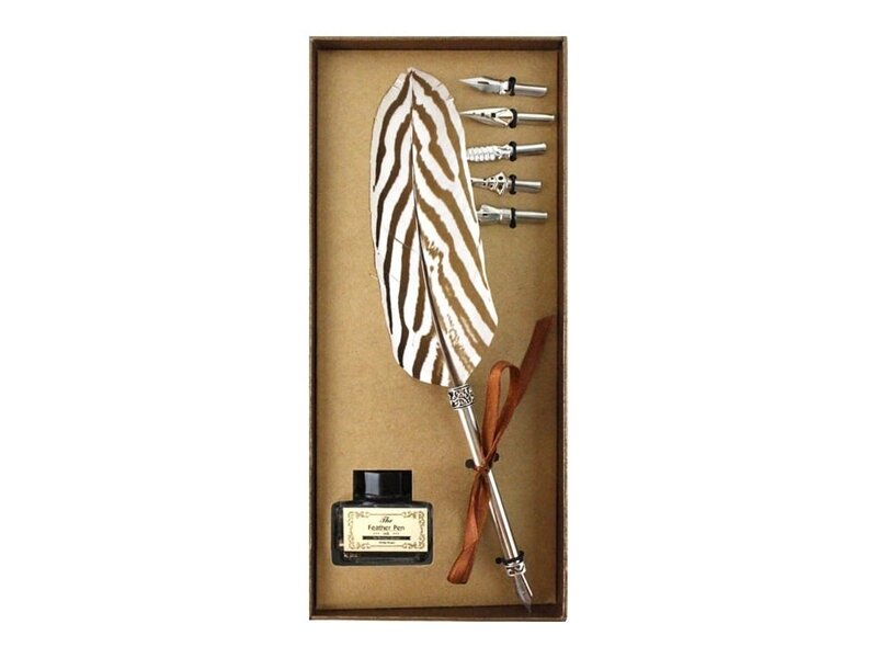 Quillpen Ink Set, goldbrown colour box with phaesant feather